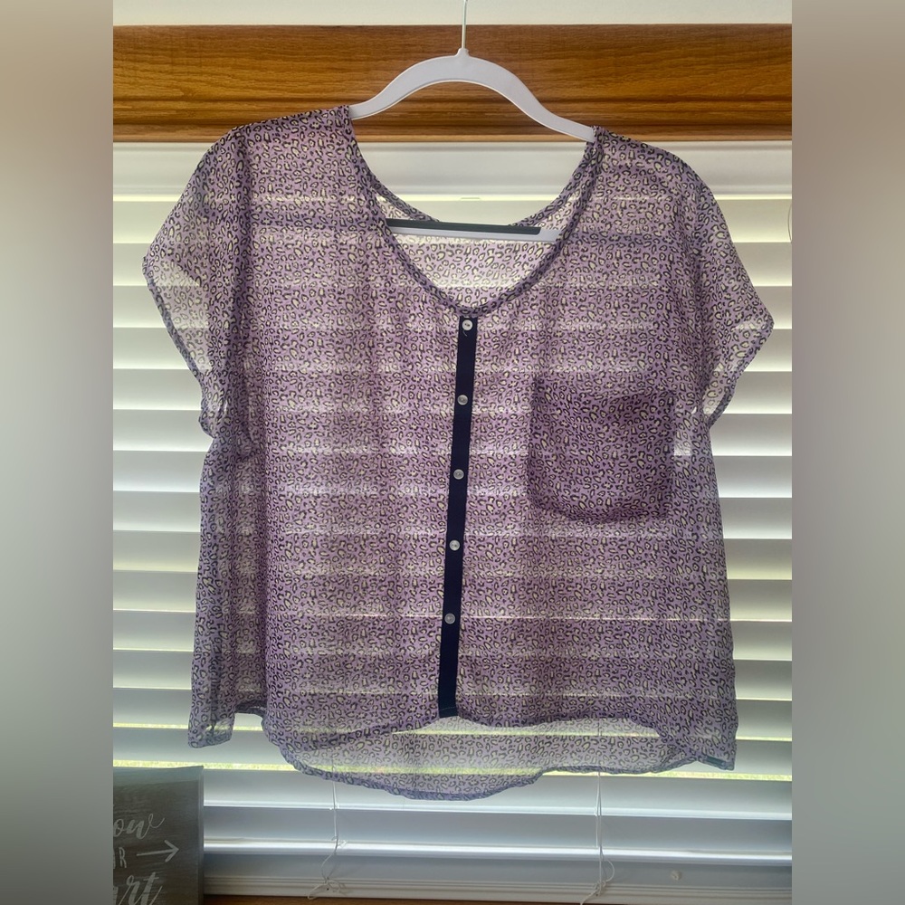 GARAGE Purple and black cheetah print sheer blouse, size medium